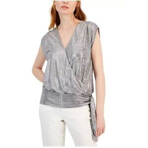 INC International Concepts Women’s Shine Side‑Tie Top Silver Small NWT Metallic